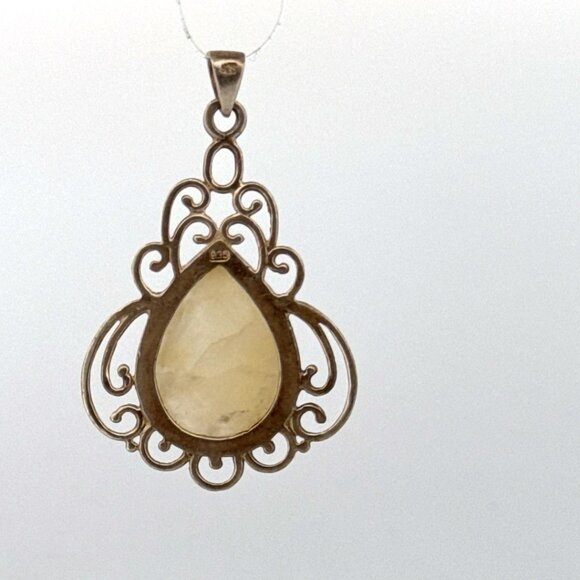 Estate Sterling Silver 925 Teardrop Cream Gemstone Filigree Pendant 7.0g No Chai - Picture 3 of 8